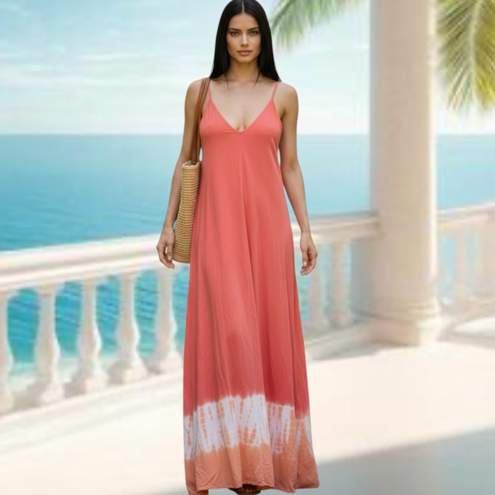 Gypsy 05 S pink coral orange tie dye cotton maxi dress - Picture 3 of 15